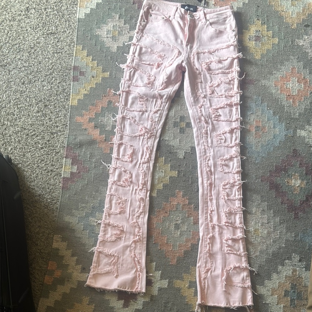 Pink Distressed Fringe Jeans